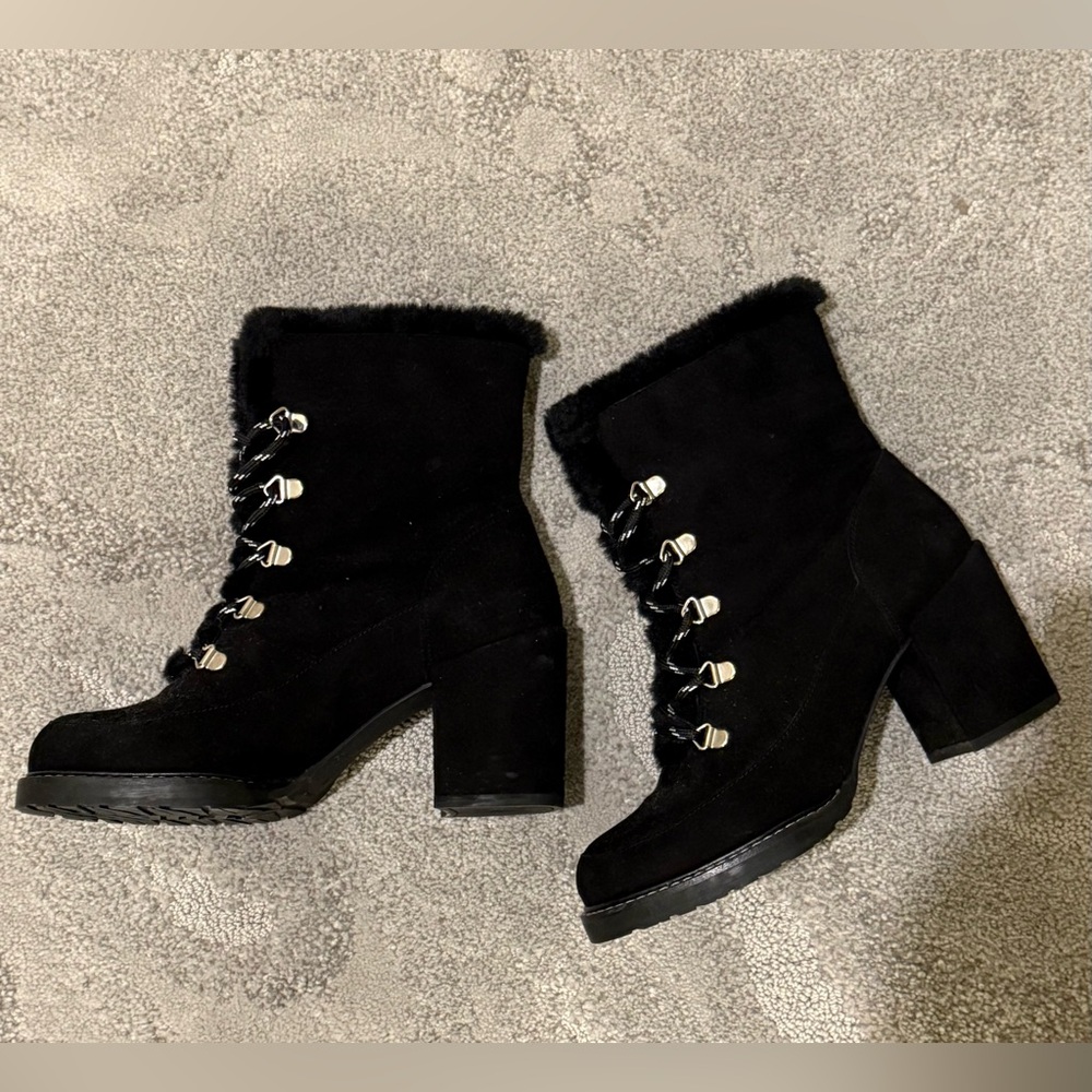 Stuart Weitzman Suede Fur Trim Combat Boots